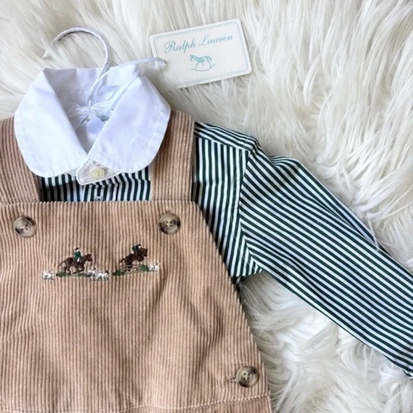 Ralph Lauren NWT Poplin Shirt & Corduroy Overall Set Vintage Khaki 9M - Picture 2 of 5